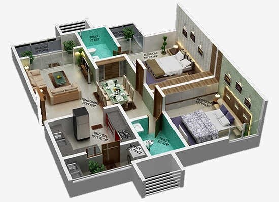 Floor plan of 2 BHK 1260 Sq. Ft. Apartment in Shriram Luxor, Bangalore