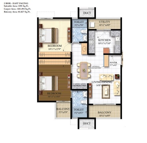 Floor plan of 2 BHK 1195 Sq. Ft. Apartment in Shriram Luxor, Bangalore