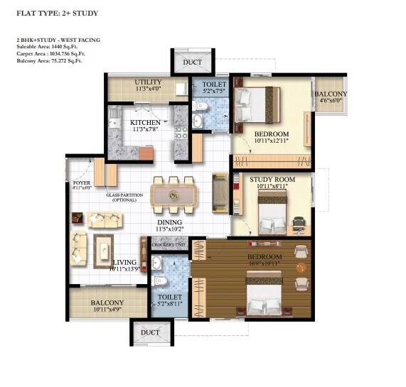 Floor plan of 2 BHK 1440 Sq. Ft. Apartment in Shriram Luxor, Bangalore