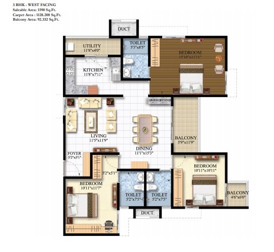 Floor plan of 3 BHK 1590 Sq. Ft. Apartment in Shriram Luxor, Bangalore