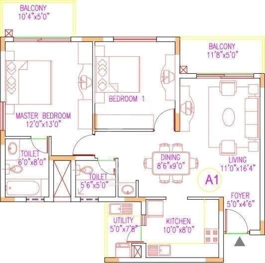 Floor plan of 2 BHK 1208 Sq. Ft. Apartment in Shriram Sahaana, Bangalore
