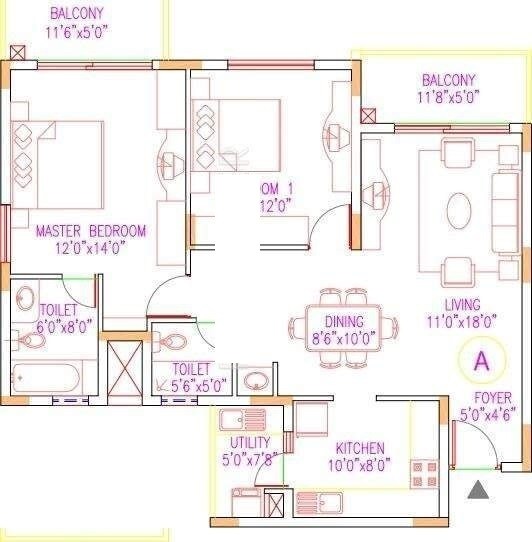 Floor plan of 2 BHK 1270 Sq. Ft. Apartment in Shriram Sahaana, Bangalore