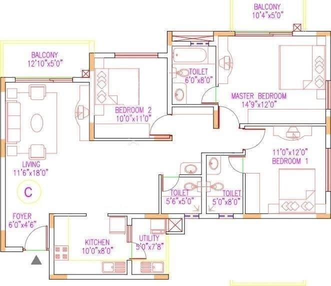 Floor plan of 3 BHK 1562 Sq. Ft. Apartment in Shriram Sahaana, Bangalore