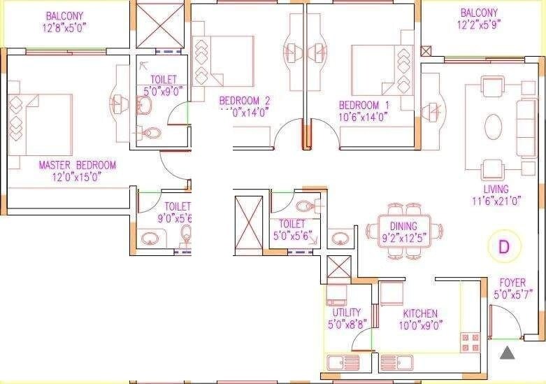 Floor plan of 3 BHK 1781 Sq. Ft. Apartment in Shriram Sahaana, Bangalore