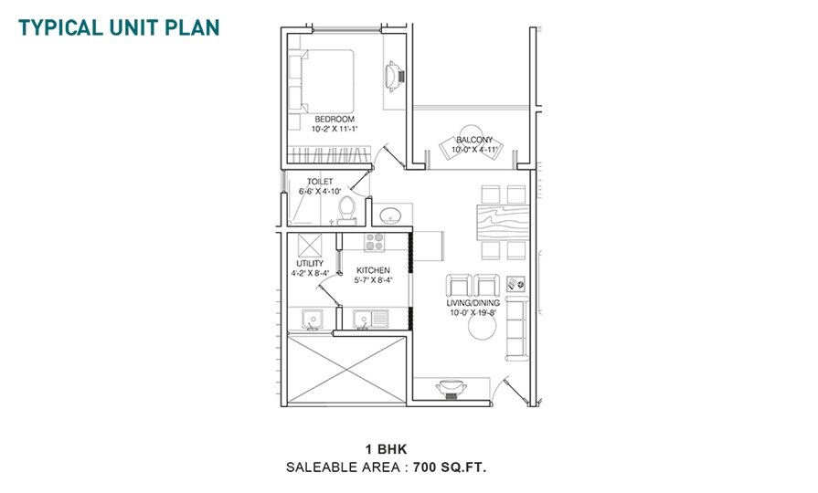 Floor plan of 1 BHK 700 Sq. Ft. Apartment in Shriram Sameeksha, Bangalore