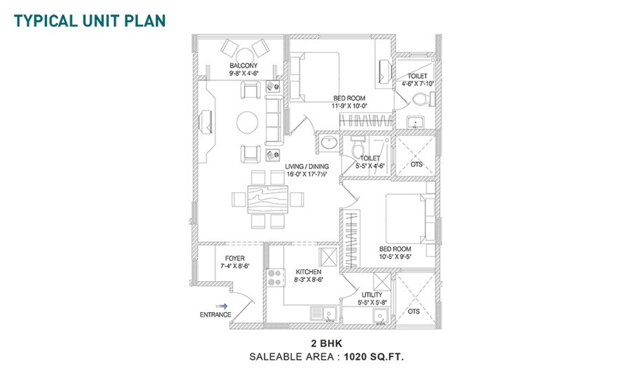Floor plan of 2 BHK 1020 Sq. Ft. Apartment in Shriram Sameeksha, Bangalore