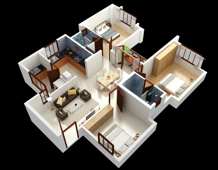 Floor plan of 3 BHK 1260 Sq. Ft. Apartment in Shriram Sameeksha, Bangalore