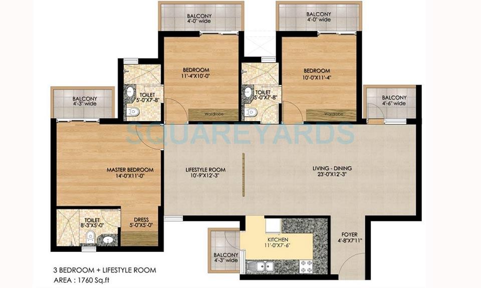 Floor plan of 3 BHK 1625 Sq. Ft. Apartment in Shriram Samruddhi, Bangalore