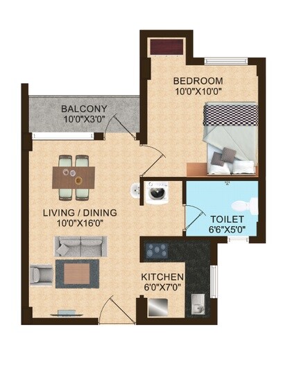 Floor plan of 1 BHK 585 Sq. Ft. Apartment in Shriram Shankari, Bangalore