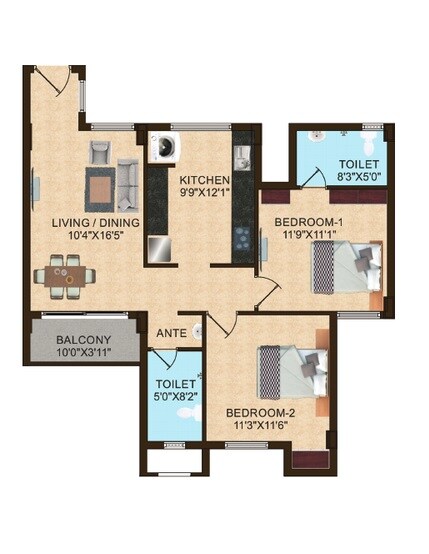 Floor plan of 2 BHK 1375 Sq. Ft. Apartment in Shriram Shankari, Bangalore