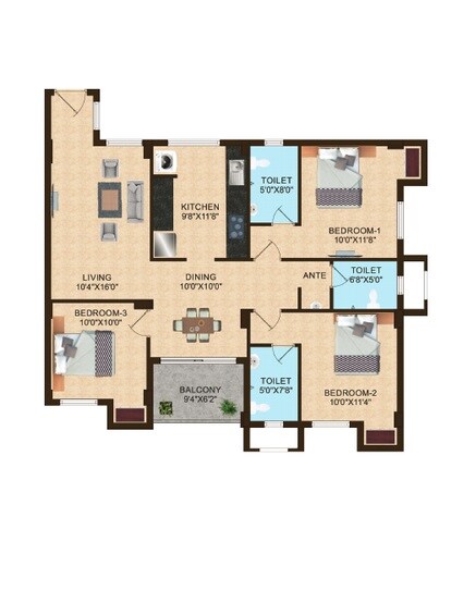 Floor plan of 3 BHK 1436 Sq. Ft. Apartment in Shriram Shankari, Bangalore