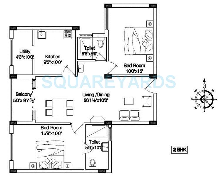 Floor plan of 2 BHK 1035 Sq. Ft. Apartment in Shriram Shreyas, Bangalore