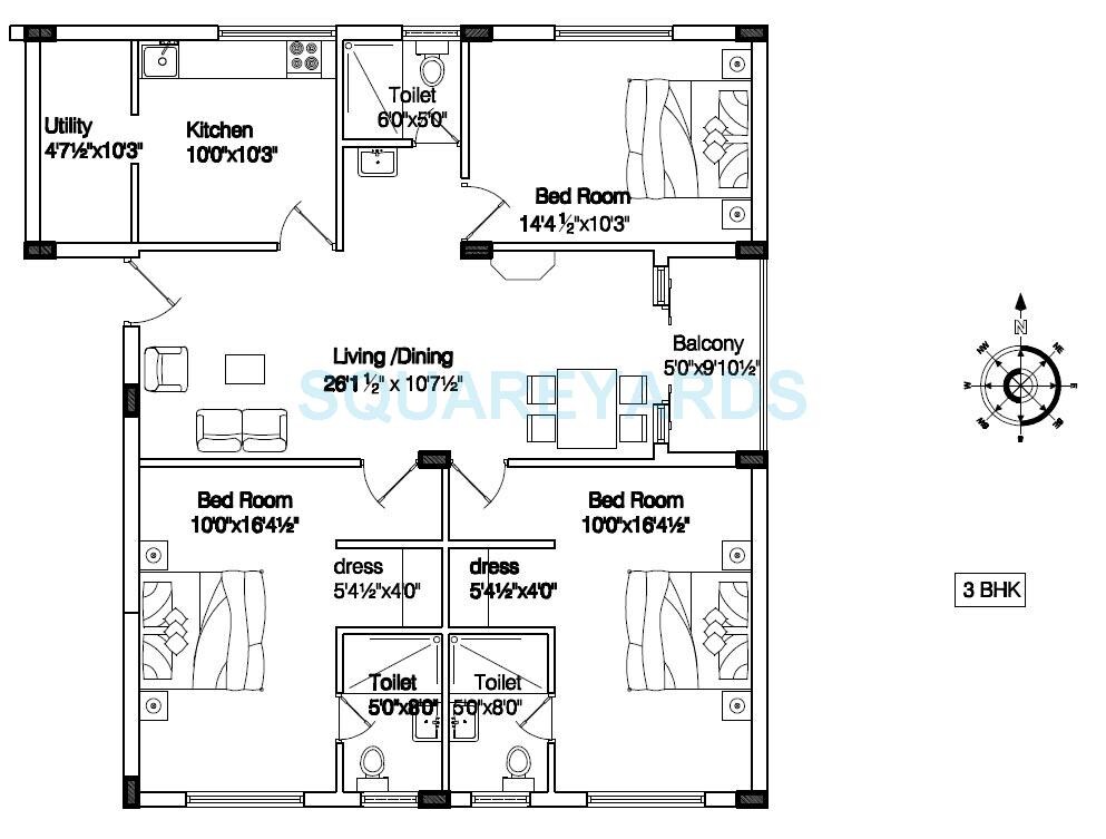 Floor plan of 3 BHK 1300 Sq. Ft. Apartment in Shriram Shreyas, Bangalore
