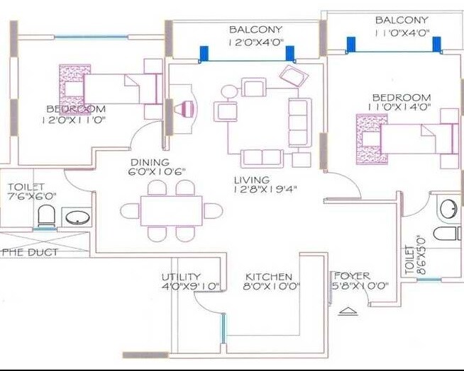 Floor plan of 2 BHK 1240 Sq. Ft. Apartment in Shriram Signia, Bangalore