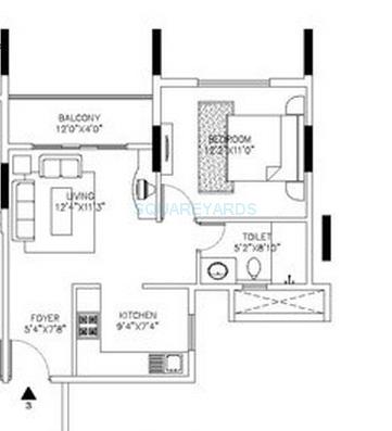 Floor plan of 1 BHK 640 Sq. Ft. Apartment in Shriram Signiaa, Bangalore