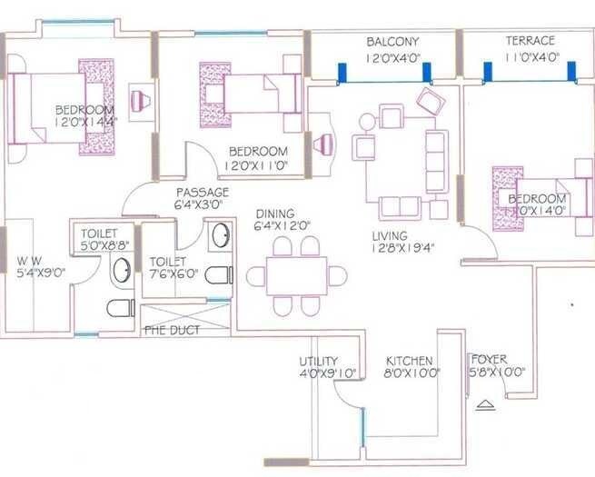 Floor plan of 2 BHK 1371 Sq. Ft. Apartment in Shriram Signiaa, Bangalore