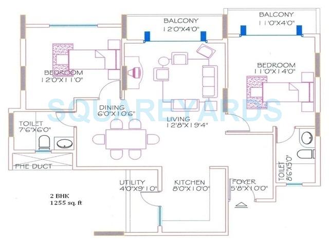 Floor plan of 2 BHK 1255 Sq. Ft. Apartment in Shriram Signiaa, Bangalore