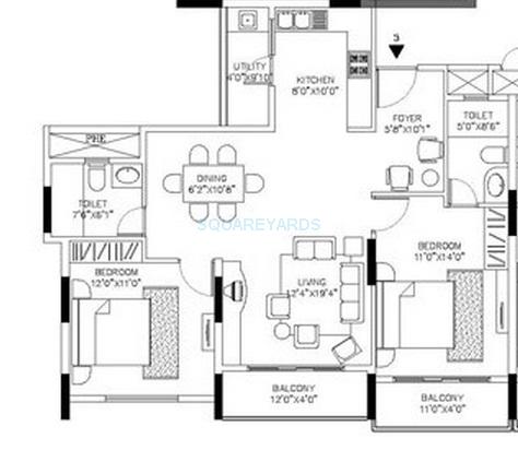 Floor plan of 2 BHK 1270 Sq. Ft. Apartment in Shriram Signiaa, Bangalore