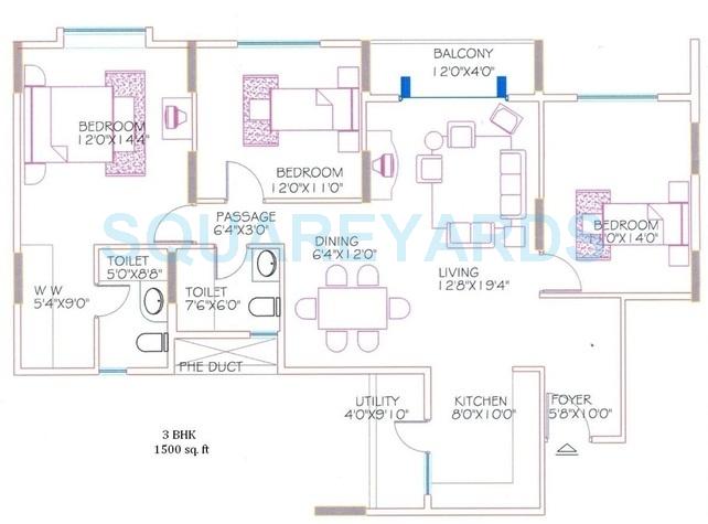 Floor plan of 3 BHK 1500 Sq. Ft. Apartment in Shriram Signiaa, Bangalore