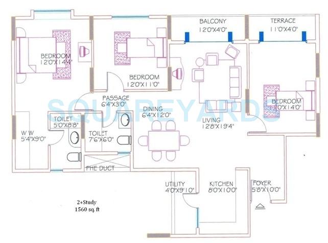Floor plan of 2 BHK 1560 Sq. Ft. Apartment in Shriram Signiaa, Bangalore