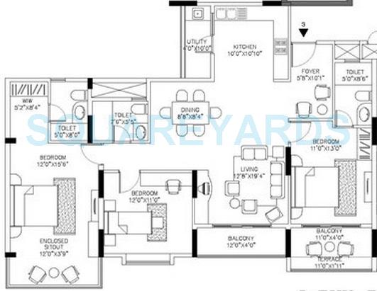 Floor plan of 3 BHK 1620 Sq. Ft. Apartment in Shriram Signiaa, Bangalore