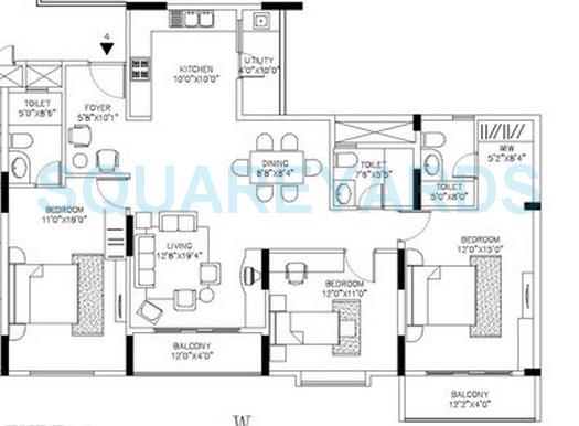 Floor plan of 3 BHK 1710 Sq. Ft. Apartment in Shriram Signiaa, Bangalore