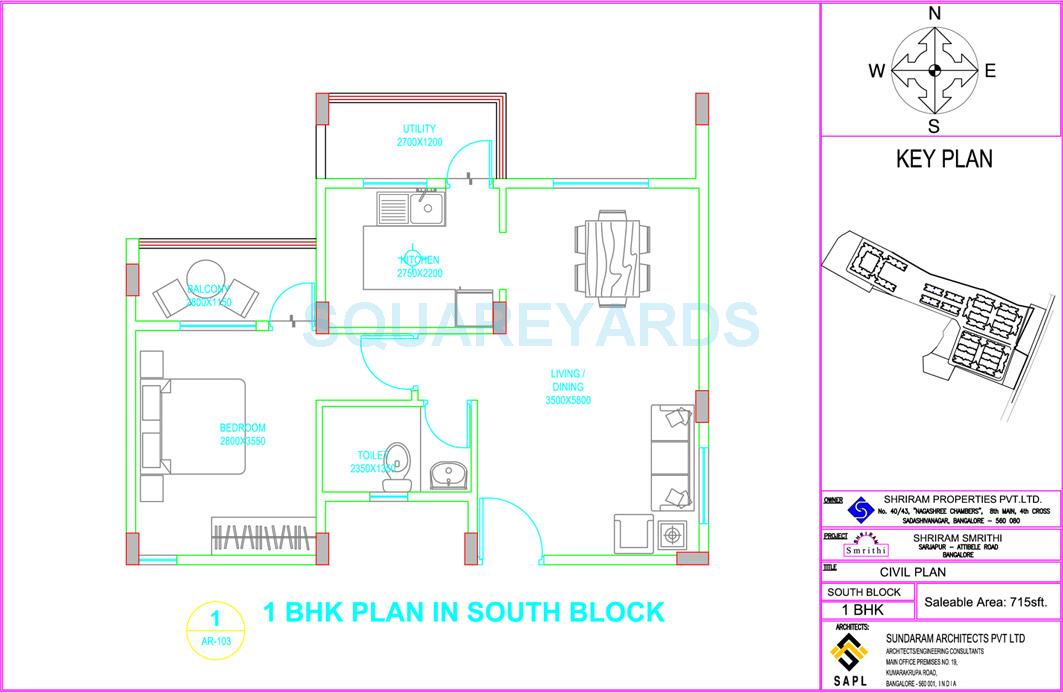 Floor plan of 1 BHK 765 Sq. Ft. Apartment in Shriram Smrithi, Bangalore