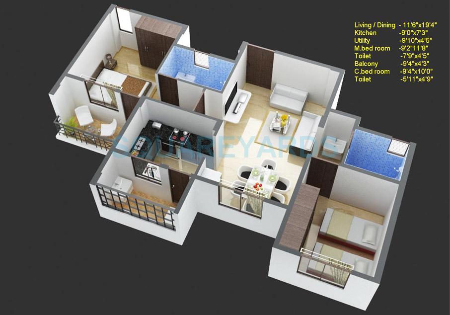 Floor plan of 2 BHK 1030 Sq. Ft. Apartment in Shriram Smrithi, Bangalore