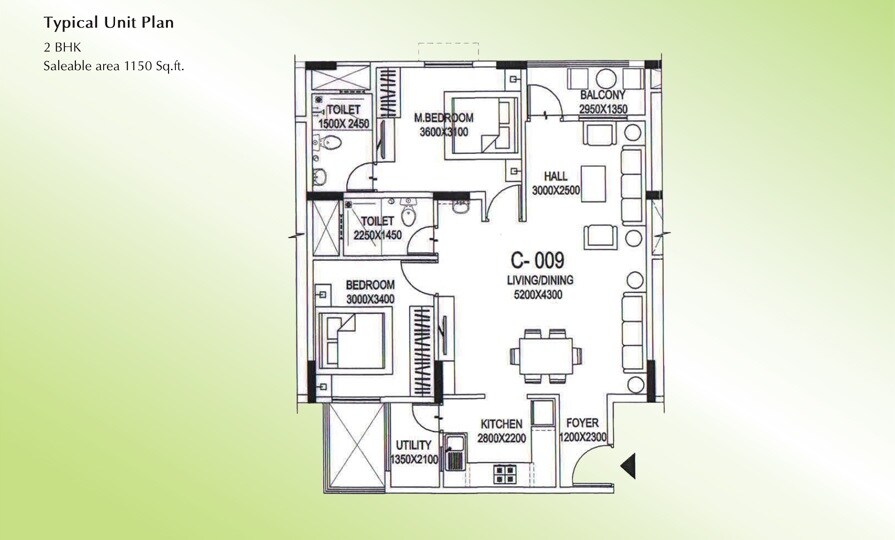 Floor plan of 2 BHK 1150 Sq. Ft. Apartment in Shriram Smrithi, Bangalore