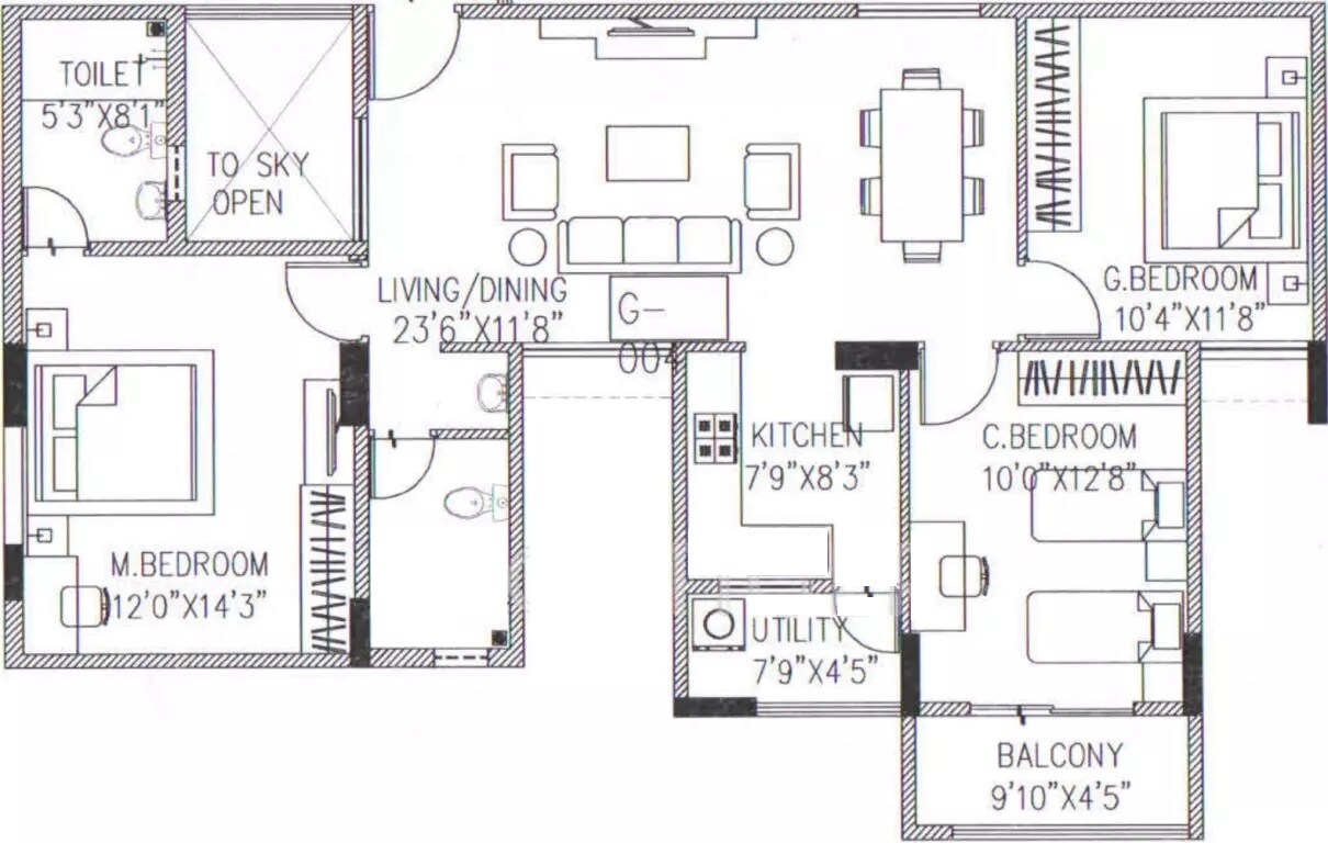 Floor plan of 3 BHK 1260 Sq. Ft. Apartment in Shriram Smrithi, Bangalore