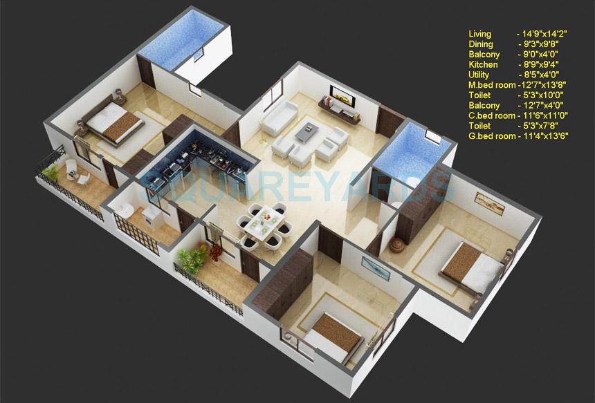 Floor plan of 3 BHK 1525 Sq. Ft. Apartment in Shriram Smrithi, Bangalore