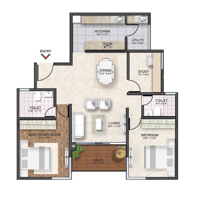 Floor plan of 2 BHK 1405 Sq. Ft. Apartment in Shriram Southern Crest, Bangalore