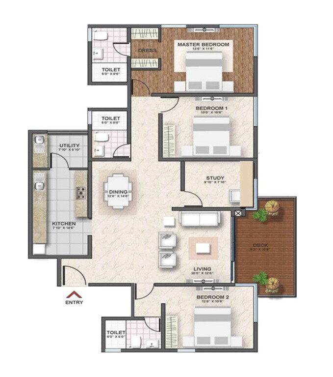 Floor plan of 3 BHK 1960 Sq. Ft. Apartment in Shriram Southern Crest, Bangalore