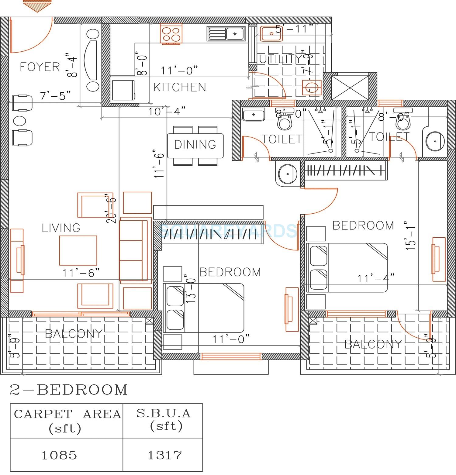 Floor plan of 2 BHK 1257 Sq. Ft. Apartment in Shriram Spurthi, Bangalore