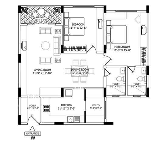 Floor plan of 2 BHK 1445 Sq. Ft. Apartment in Shriram Suhaana, Bangalore