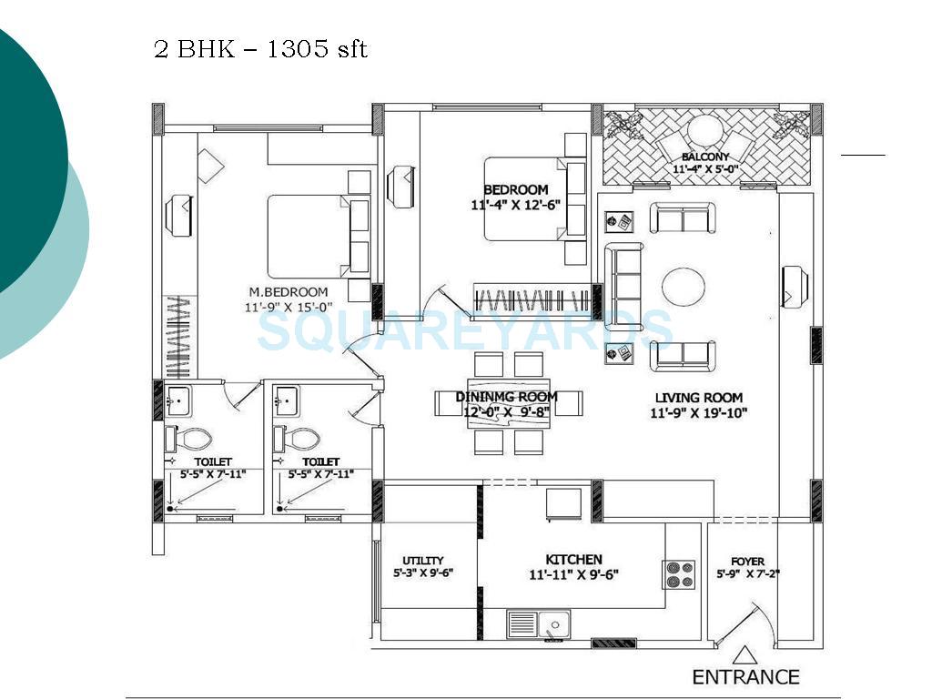 Floor plan of 2 BHK 1305 Sq. Ft. Apartment in Shriram Suhaana, Bangalore