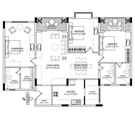 Floor plan of 3 BHK 1705 Sq. Ft. Apartment in Shriram Suhaana, Bangalore