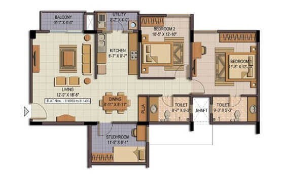 Floor plan of 2 BHK 1280 Sq. Ft. Apartment in Shriram Summitt, Bangalore