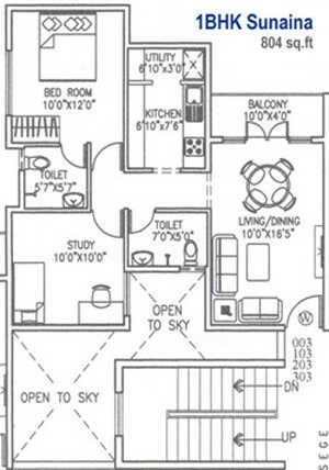 Floor plan of 1 BHK 804 Sq. Ft. Apartment in Shriram Sunaina, Bangalore