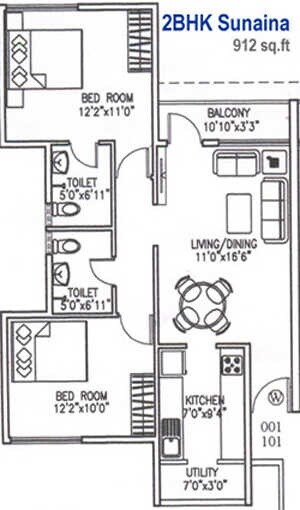 Floor plan of 2 BHK 912 Sq. Ft. Apartment in Shriram Sunaina, Bangalore