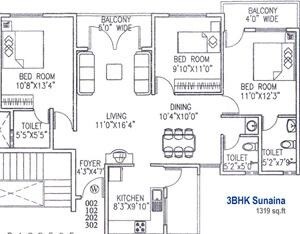 Floor plan of 3 BHK 1319 Sq. Ft. Apartment in Shriram Sunaina, Bangalore
