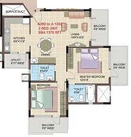 Floor plan of 2 BHK 1370 Sq. Ft. Apartment in Shriram Symphonye, Bangalore