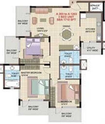 Floor plan of 3 BHK 1600 Sq. Ft. Apartment in Shriram Symphonye, Bangalore