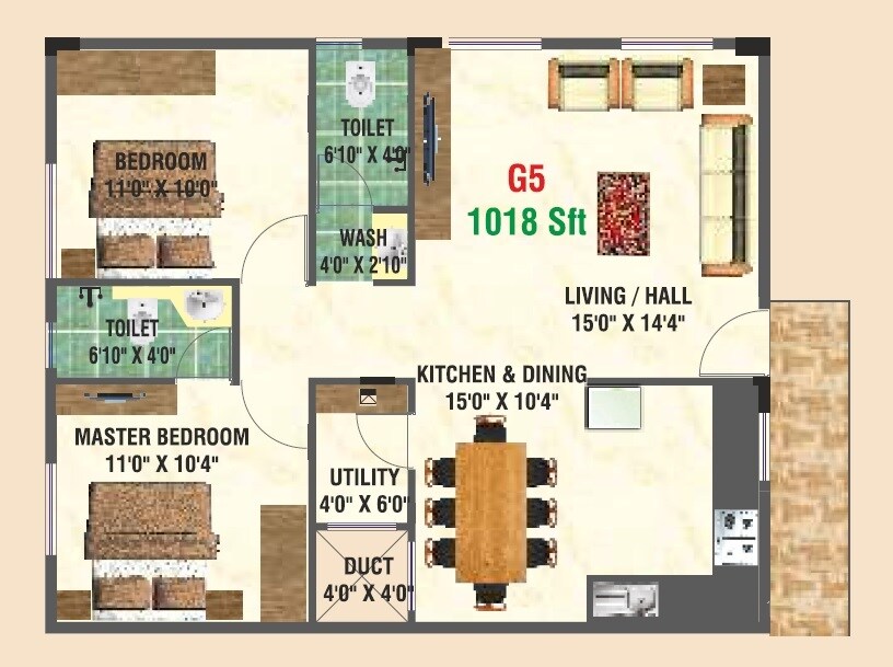 Floor plan of 2 BHK 1018 Sq. Ft. Apartment in Shrishti Enclave, Bangalore
