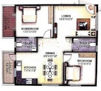 Floor plan of 2 BHK 1010 Sq. Ft. Apartment in Shrivenns Gokulam, Bangalore