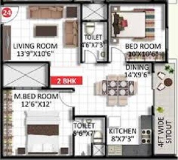 Floor plan of 2 BHK 1074 Sq. Ft. Apartment in Shrivenns Gokulam, Bangalore