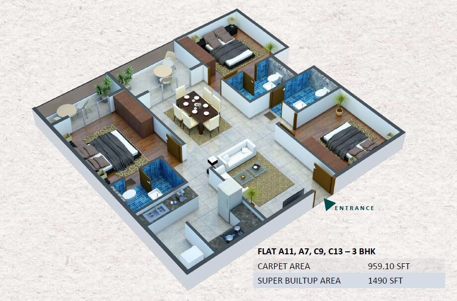 3 BHK 1490 Sq. Ft. Apartment
