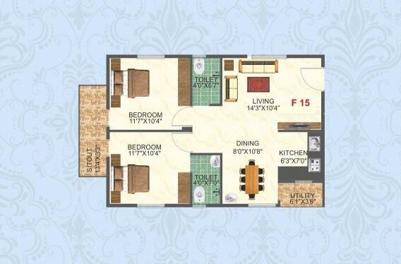 Floor plan of 2 BHK 1115 Sq. Ft. Apartment in Siddartha Solitaire, Bangalore