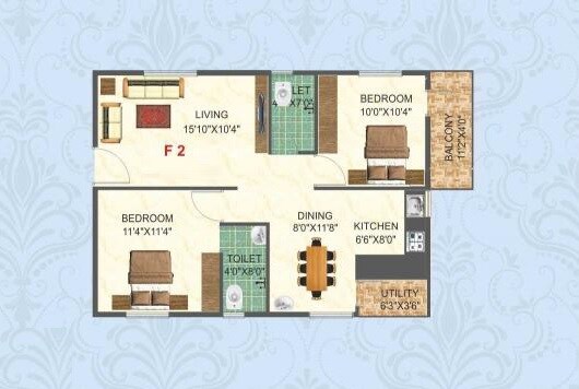 Floor plan of 2 BHK 1180 Sq. Ft. Apartment in Siddartha Solitaire, Bangalore