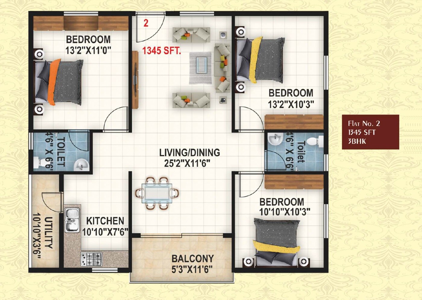 Floor plan of 3 BHK 1345 Sq. Ft. Apartment in Siddartha Solitaire Phase 2, Bangalore